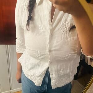 Vintage Irish Linen Sioni Button Down Top Collared Blouse Floral Embroidered